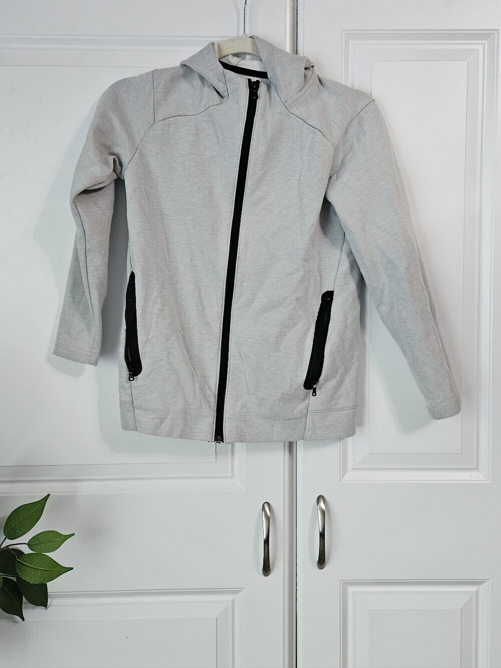 Old Navy Light Gray Kids Hooded Zip Jacket with Black Accents